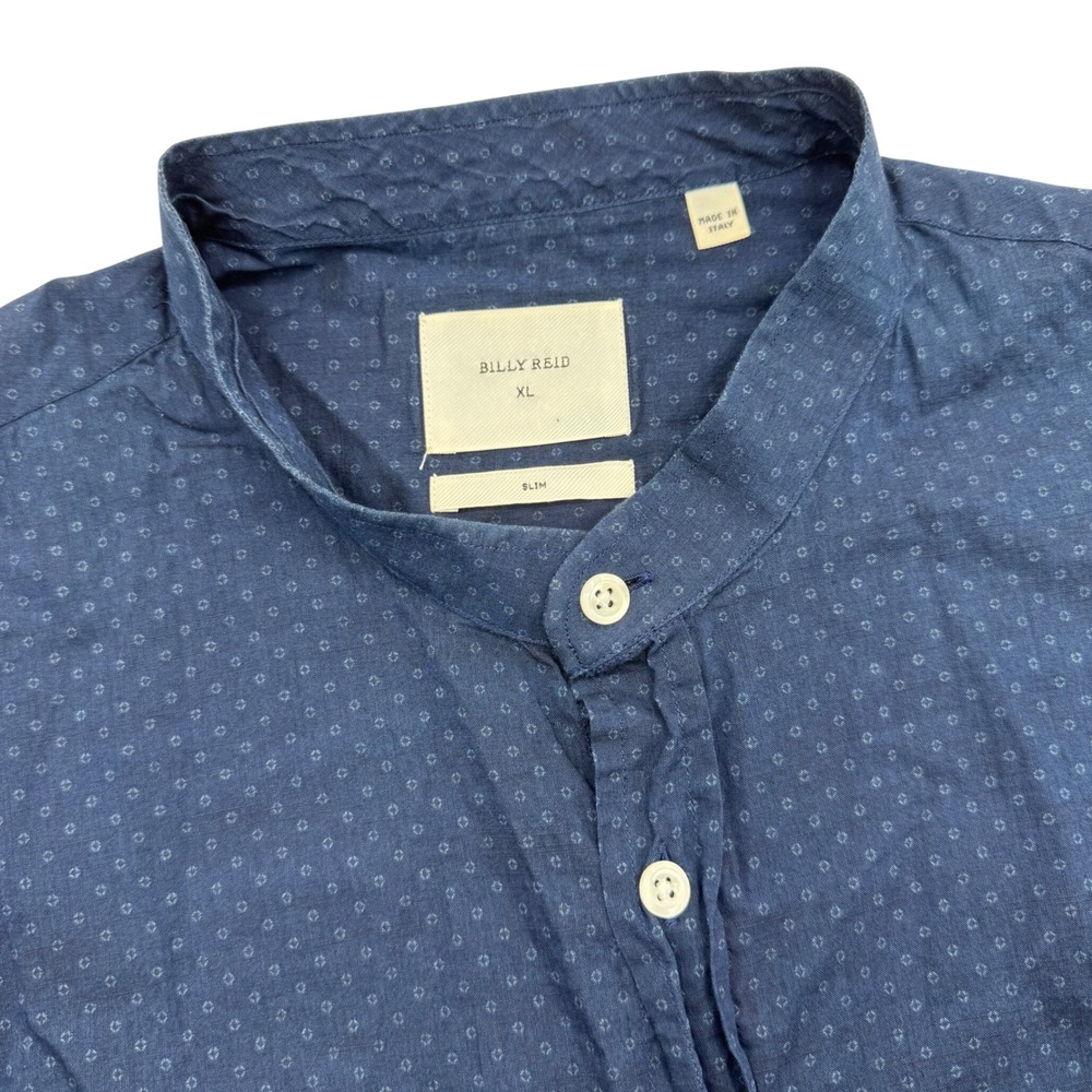 Billy‎ Reid Men's XL Slim Fit Band Collar Button Down Blue Pattern Shirt Italian